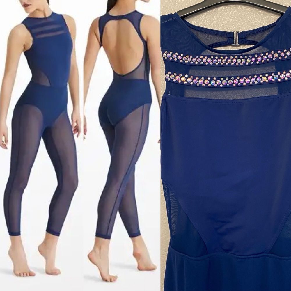 WEISSMAN solo custom Dance Costume unitard jumpsuit blue illusion MT11422 SA